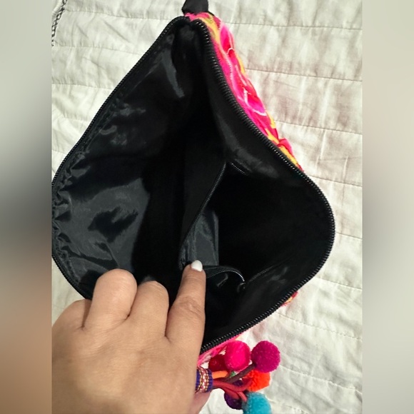 Floral Embroidered Clutch with Pom Poms - Picture 4 of 6